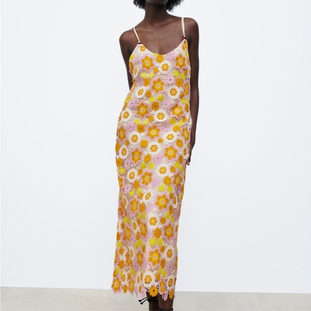 NWT Zara Flower Crochet Eyelet Midi Dress - Picture 3 of 9